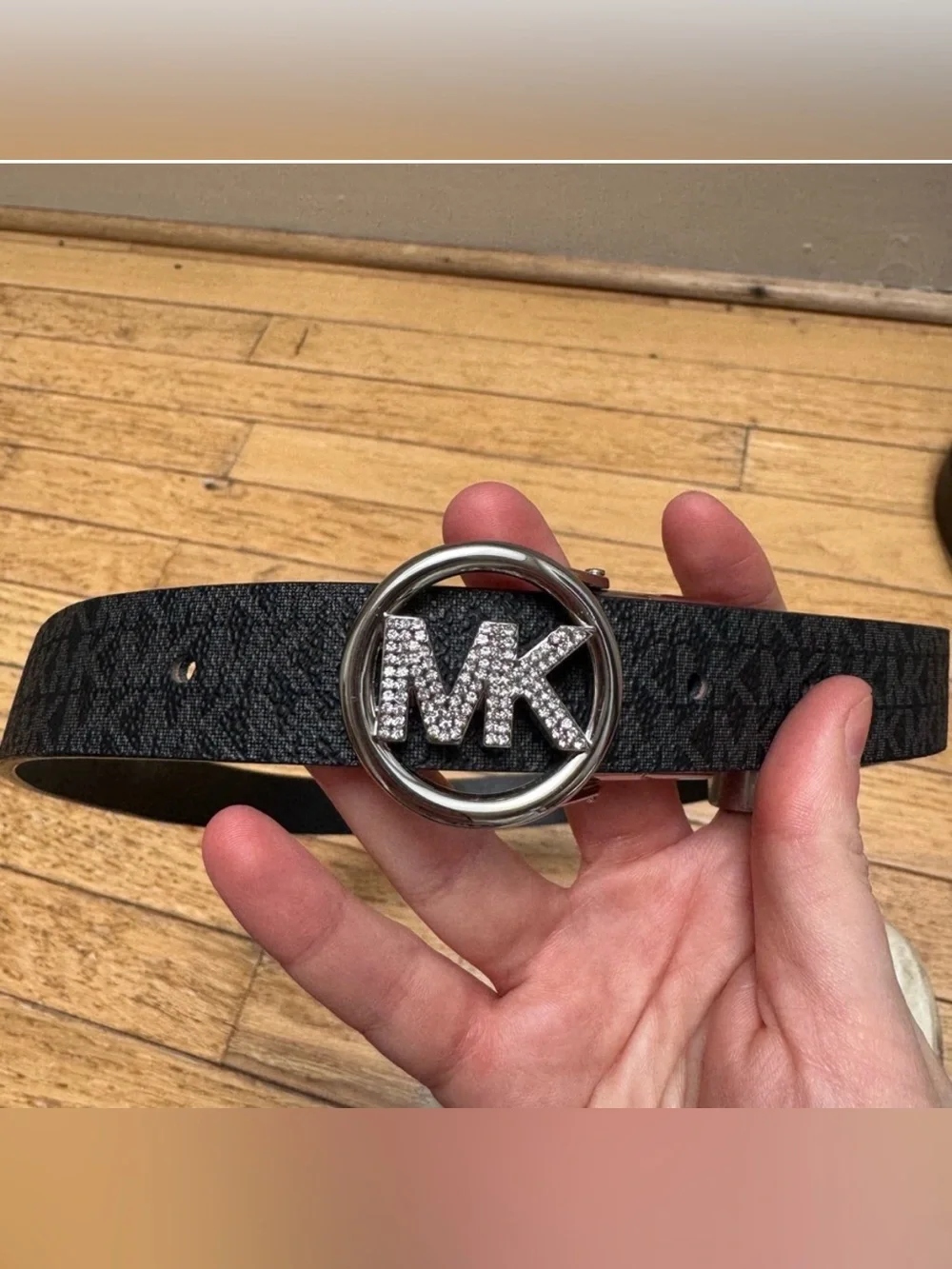 Michael Kors Monogram Black Belt with Embellished Silver Logo Buckle